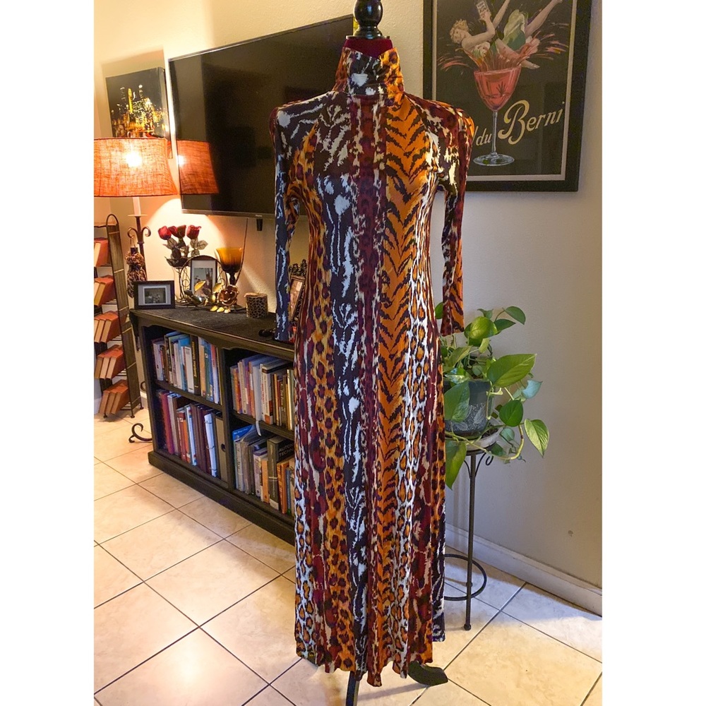 Vintage leopard long sleeve turtleneck maxi dress